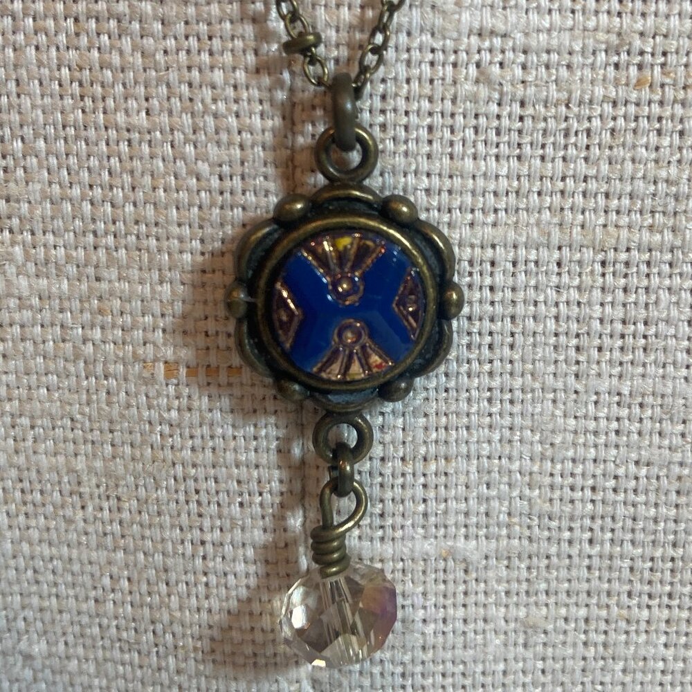 Long Necklace Made with Vintage Button with Blue Pattern